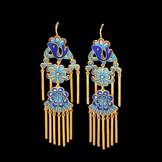 Cloisonne Floral Phoenix Design Tassel Drop Earrings