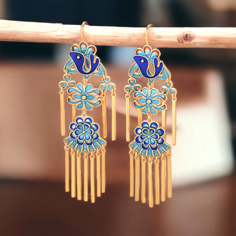 Cloisonne Floral Phoenix Design Tassel Drop Earrings