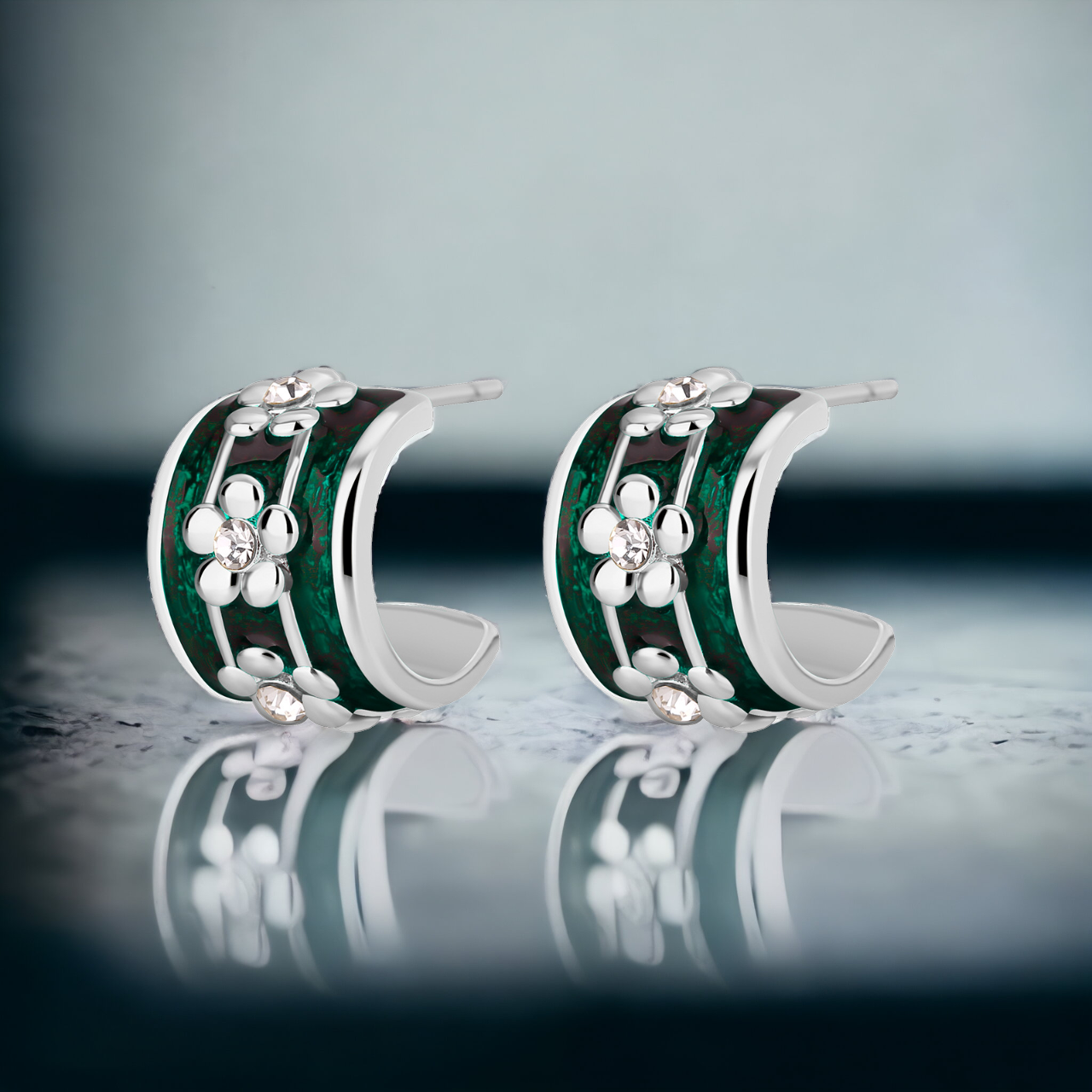 Green Enamel Flower Hoop Earrings