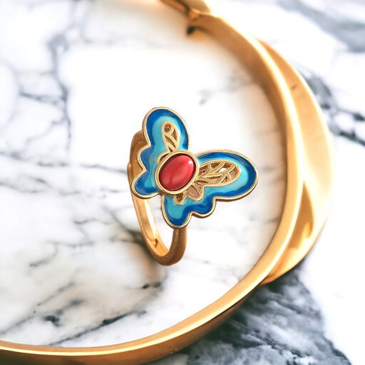 Vintage Style Cloisonne Blue Butterfly Ring