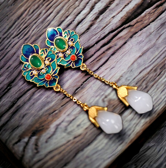 Cloisonne Chrysoprase Magnolia Earrings