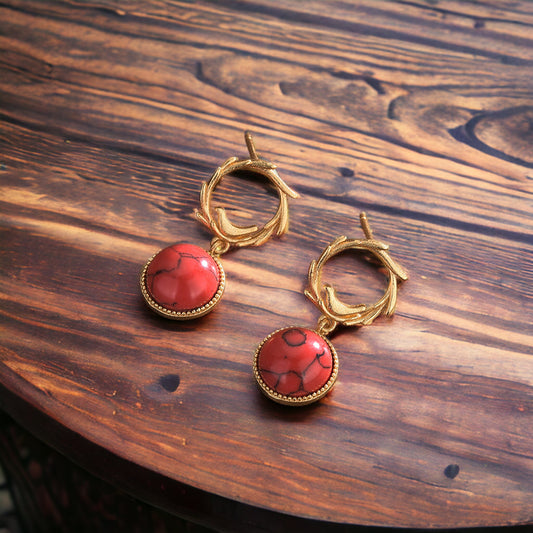 Olive Leaf Red Turquoise Vintage Style Earrings