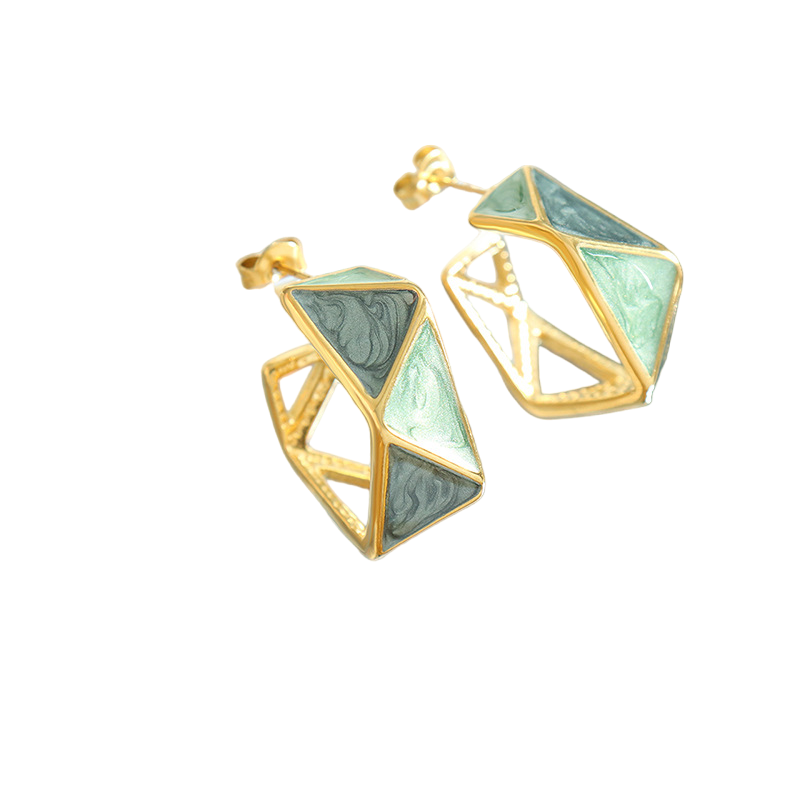 Geometric Green Enamel Stud Earrings