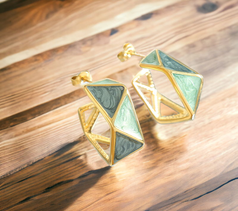 Geometric Green Enamel Stud Earrings