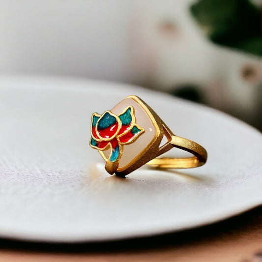 Lotus Flower Enamel Statement Ring