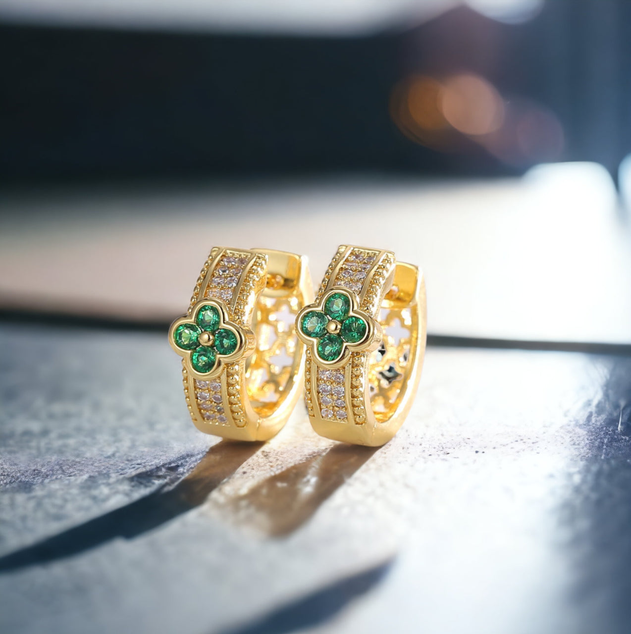 Lucky Clover Emerald Green CZ Huggie Hoop Earrings