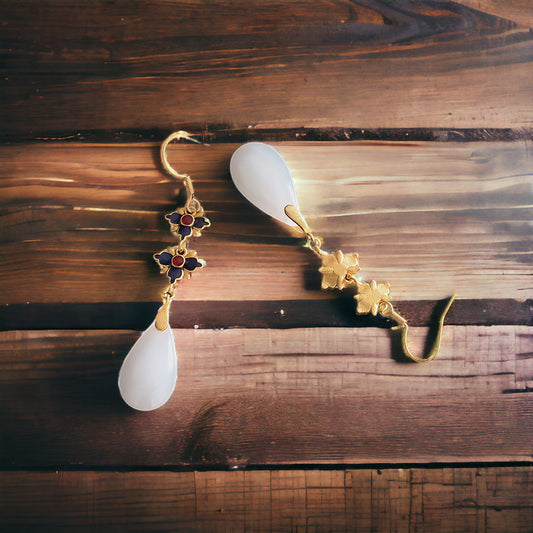 Cloisonne Jade Vitreous Enamel Floral Earrings