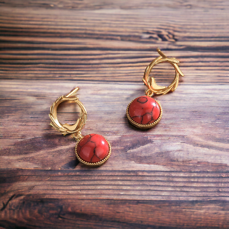 Olive Leaf Red Turquoise Vintage Style Earrings