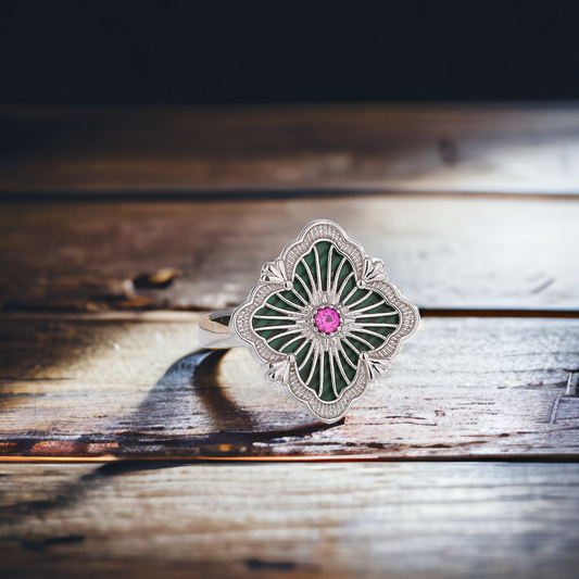 Four-leaf Clover Floral Green Statement Ring