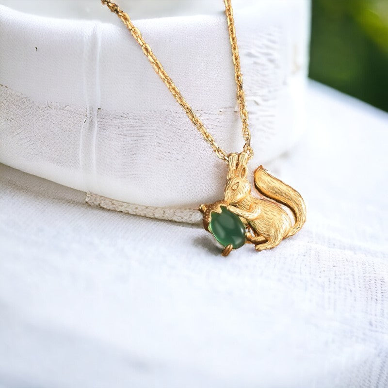 Vintage Style Chrysoprase Squirrel Acorn Necklace