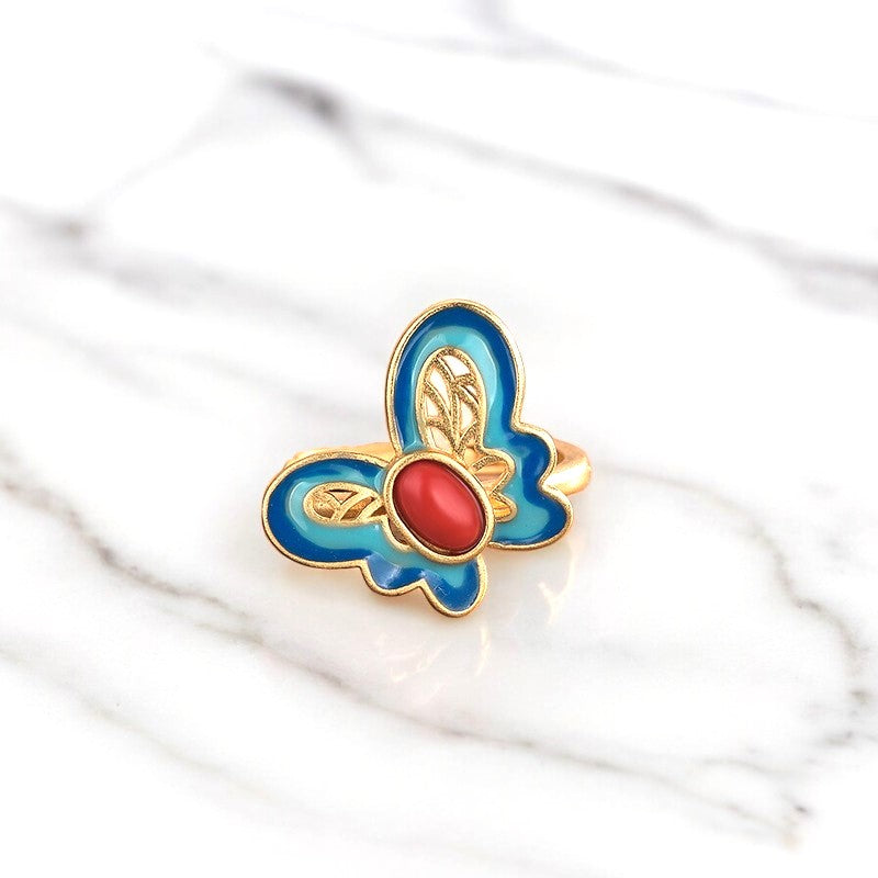 Vintage Style Cloisonne Blue Butterfly Ring