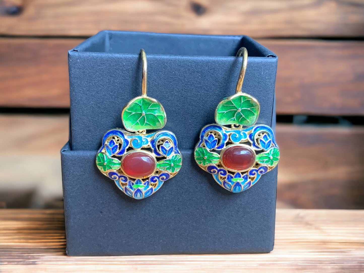 Cloisonne Lotus Leaf Floral Earrings