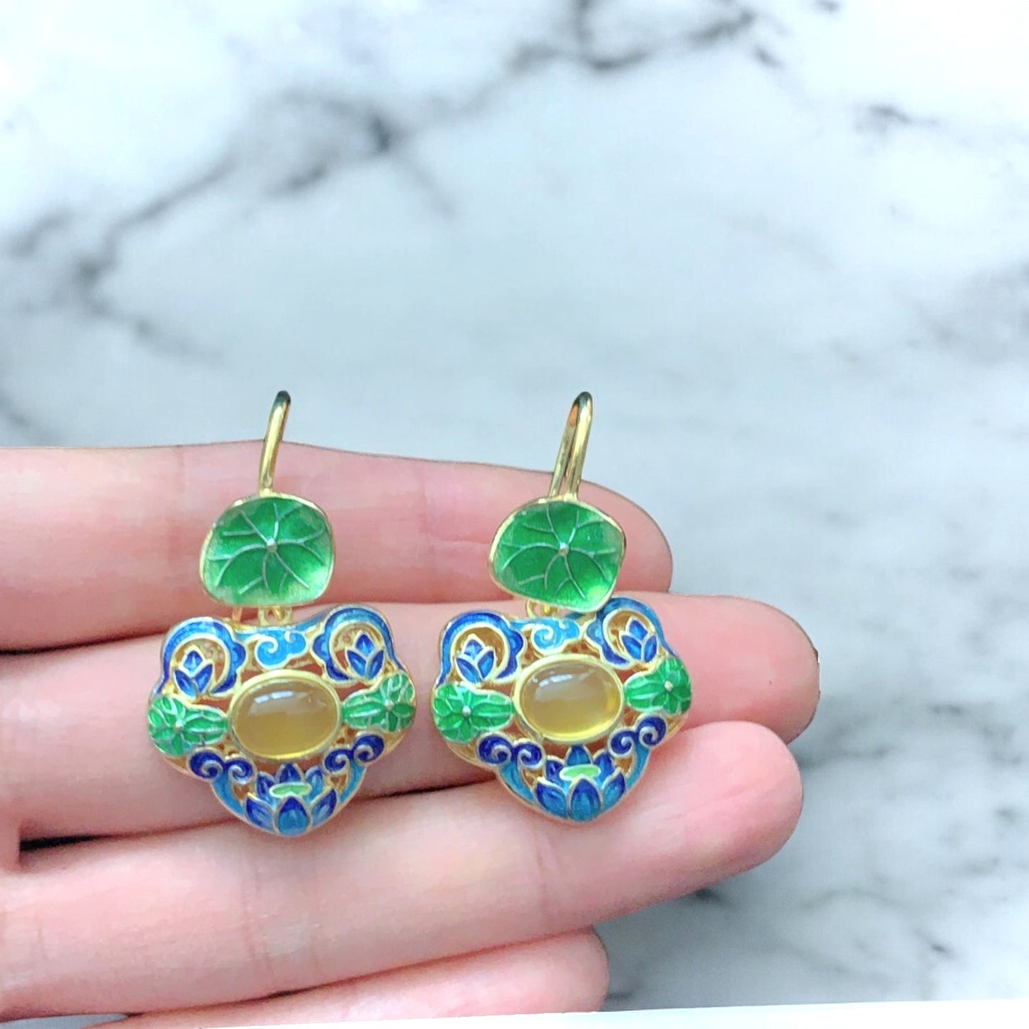 Cloisonne Lotus Leaf Floral Earrings