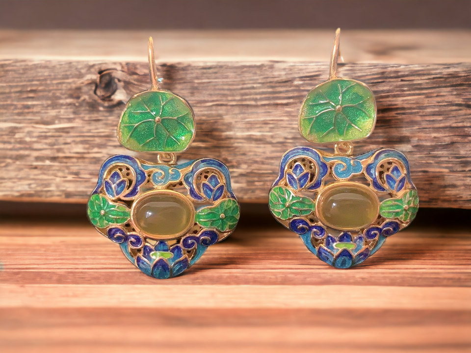 Cloisonne Lotus Leaf Floral Earrings