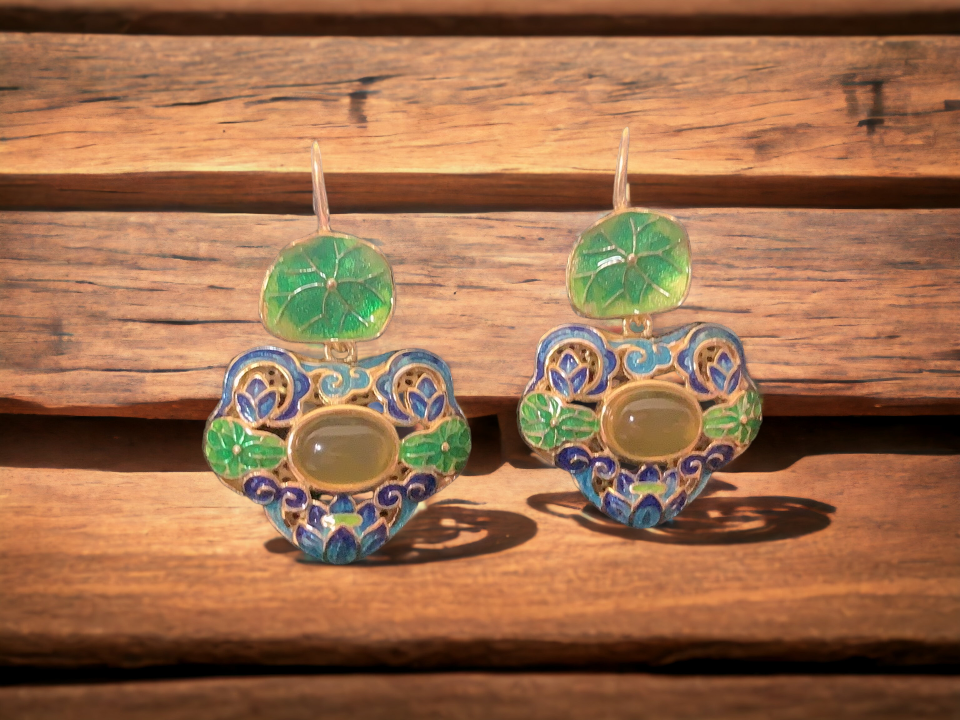 Cloisonne Lotus Leaf Floral Earrings