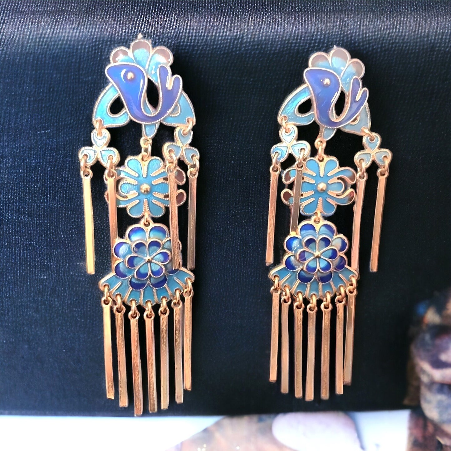 Cloisonne Floral Phoenix Design Tassel Drop Earrings