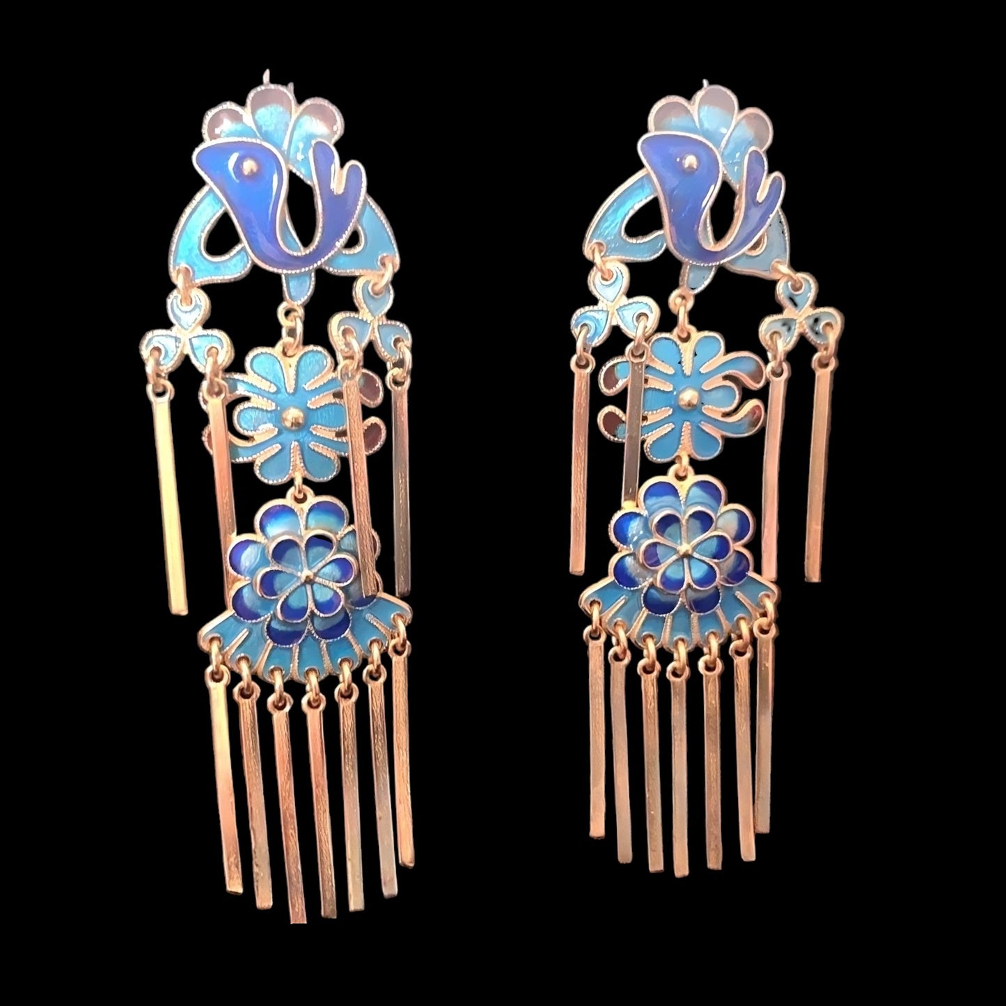 Cloisonne Floral Phoenix Design Tassel Drop Earrings