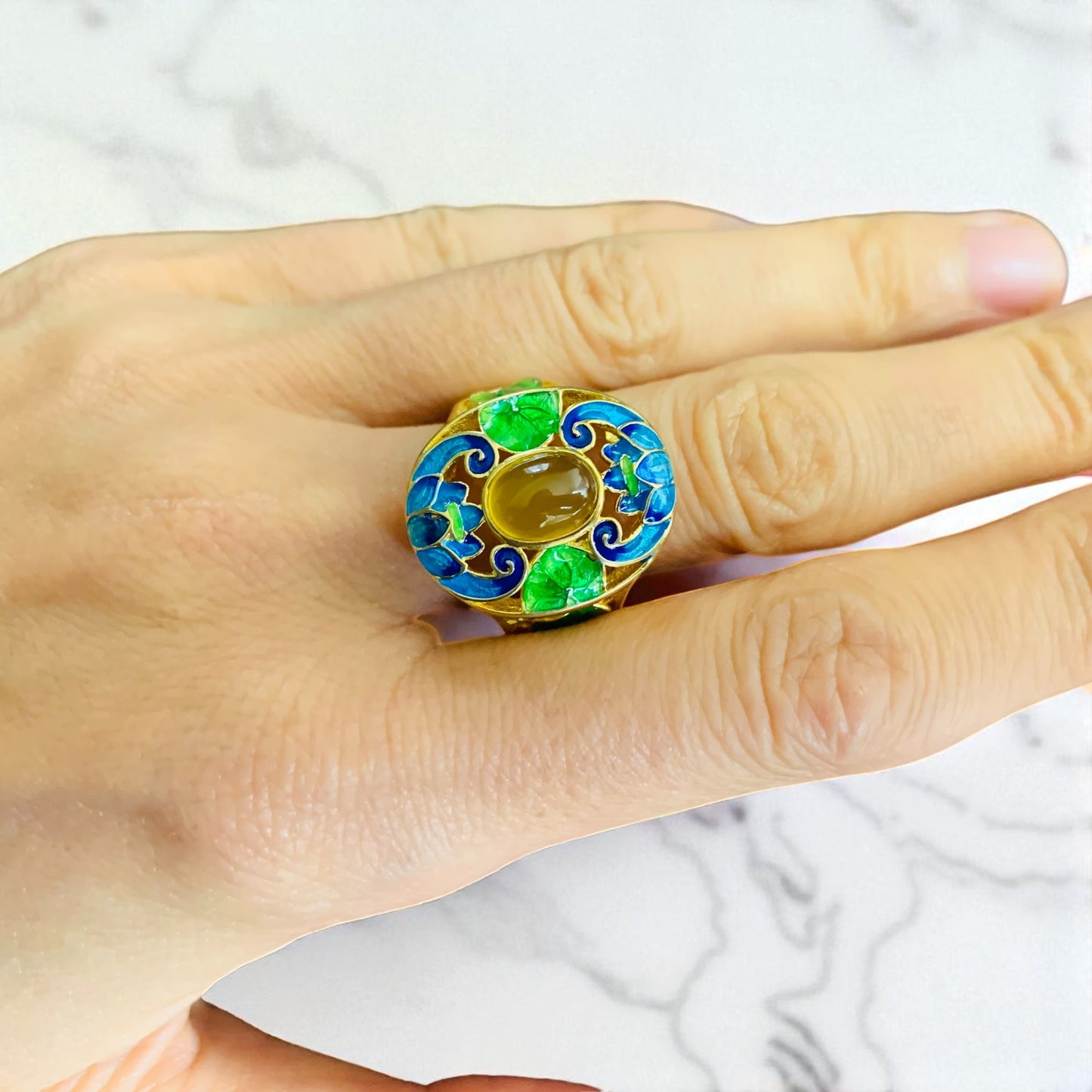 Vintage Style Cloisonne Yellow Agate Statement Ring