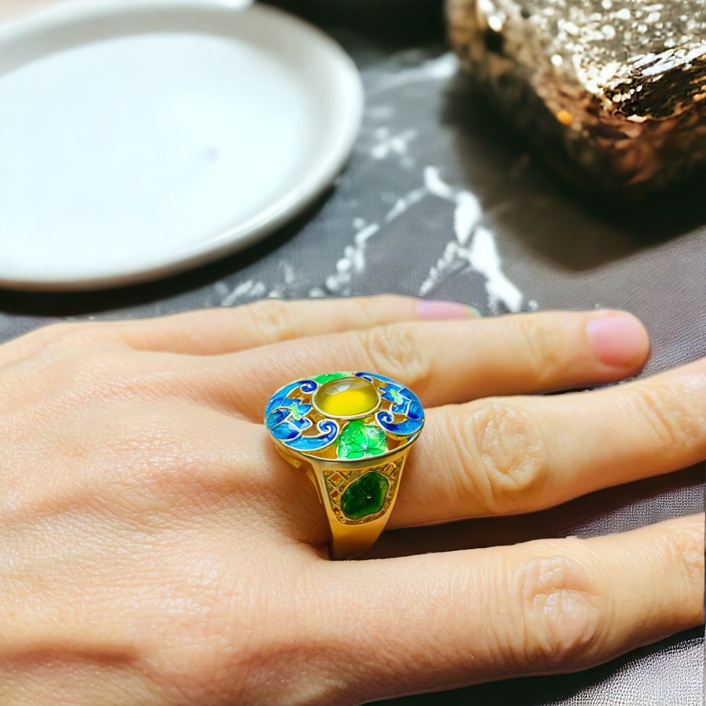 Vintage Style Cloisonne Yellow Agate Statement Ring