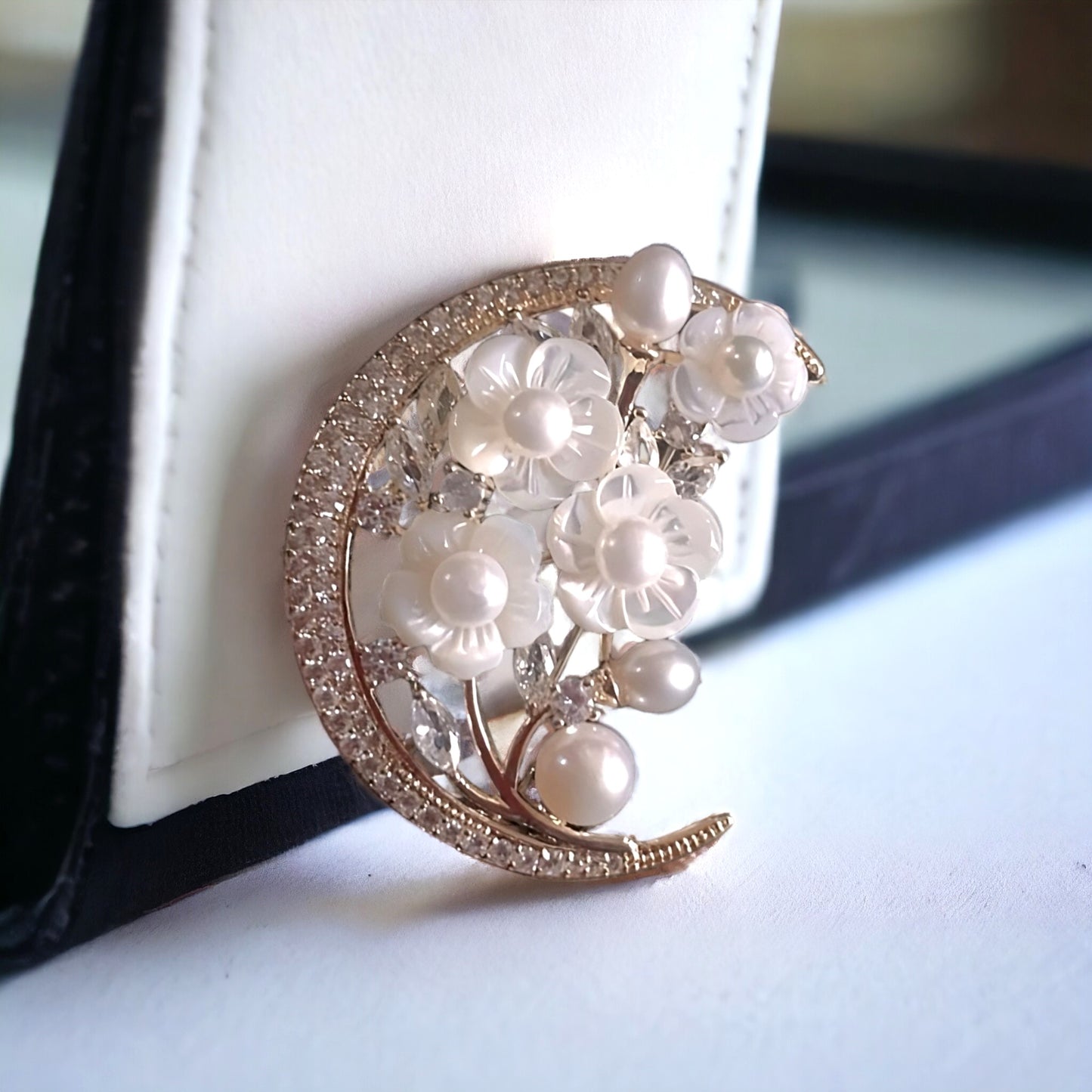 Crescent Moon Cowrie Shell Floral Brooch