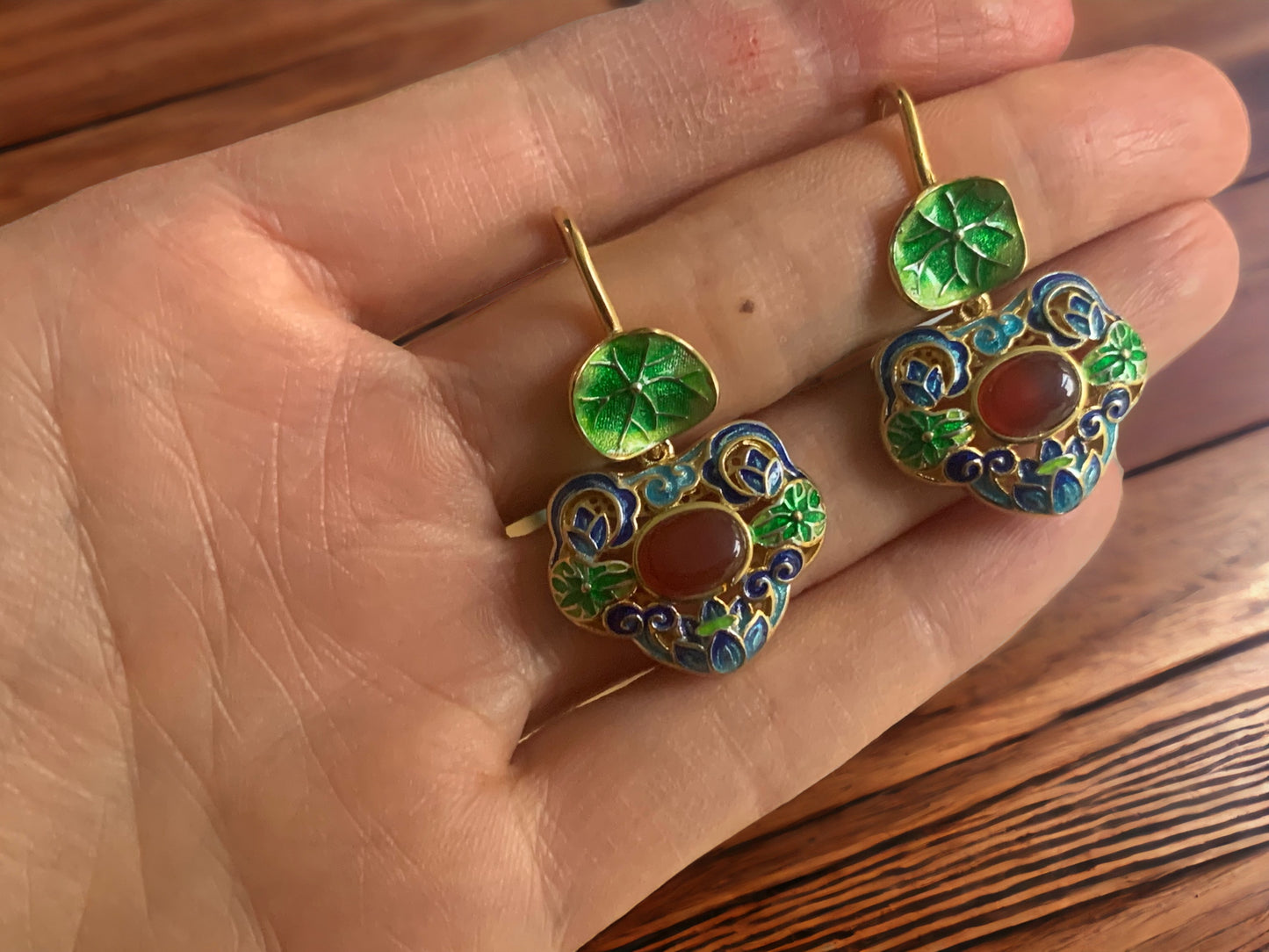 Cloisonne Lotus Leaf Floral Earrings