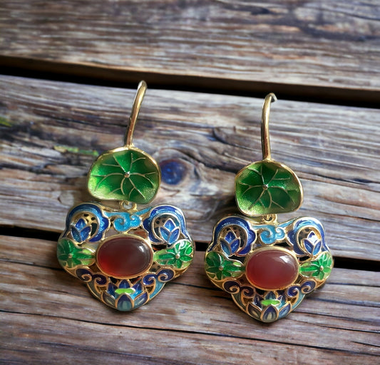 Cloisonne Lotus Leaf Floral Earrings