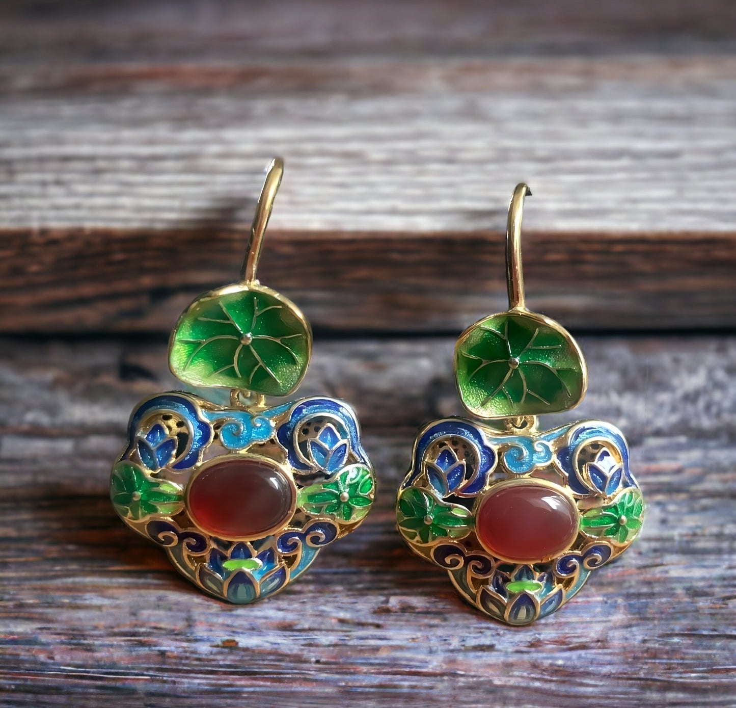 Cloisonne Lotus Leaf Floral Earrings