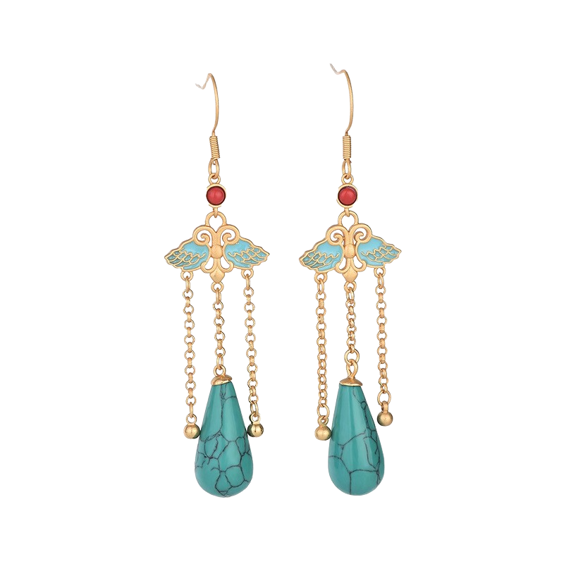 Butterfly Turquoise Tassel Drop Vintage Style Earrings