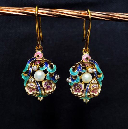 Cloisonne Floral Pearl Earrings