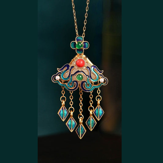 Enamel Floral Tassel Drop Statement Necklace