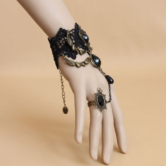 Gothic Black Lace Finger Ring Bracelet
