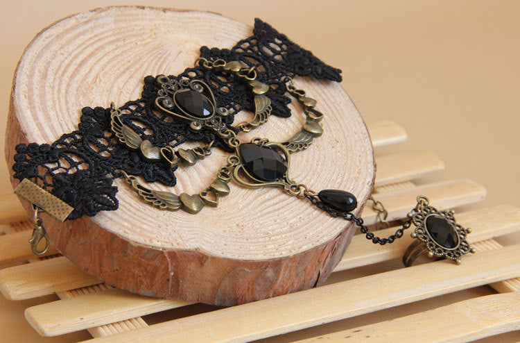 Gothic Black Lace Finger Ring Bracelet