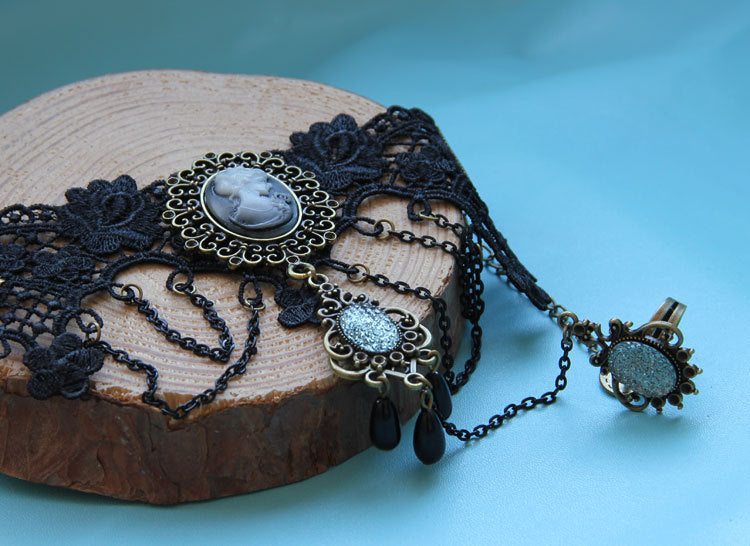 Gothic Black Lace Victorian Hand Chain Bracelet