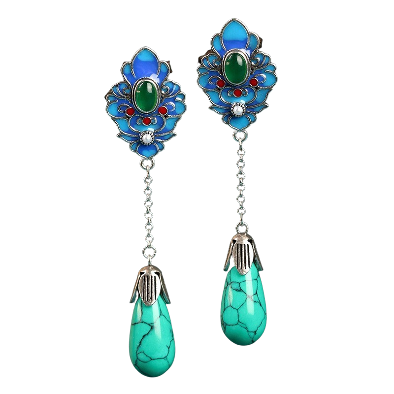 Cloisonne Chrysoprase Turquoise Drop Earrings