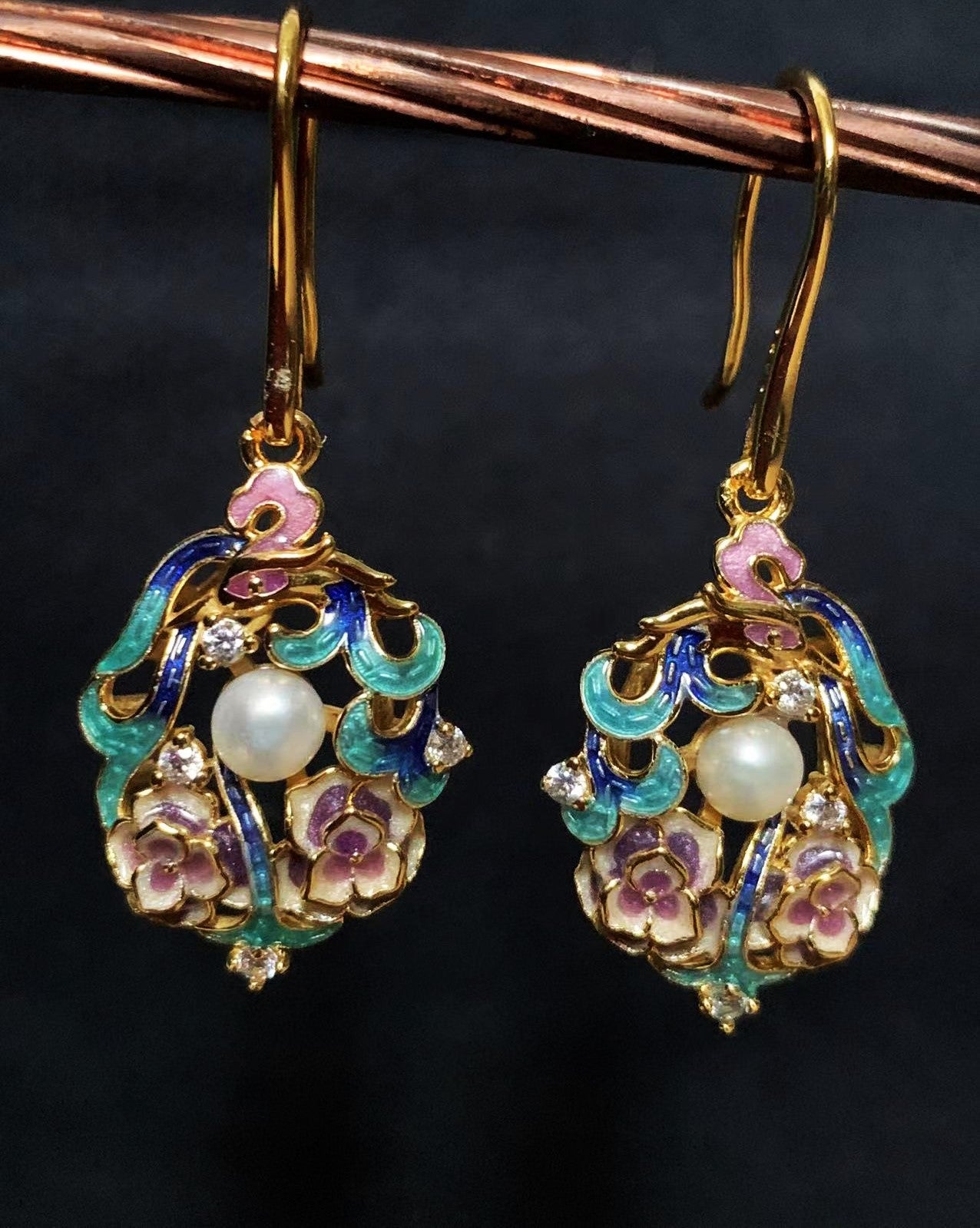 Cloisonne Floral Pearl Earrings