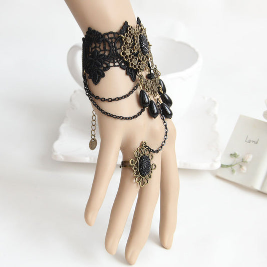 Gothic Black Lace Finger Ring Bracelet