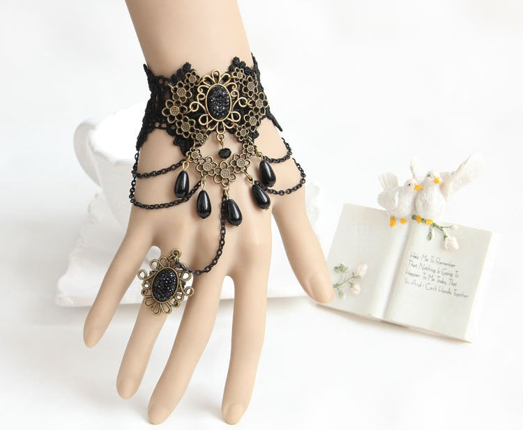 Gothic Black Lace Finger Ring Bracelet