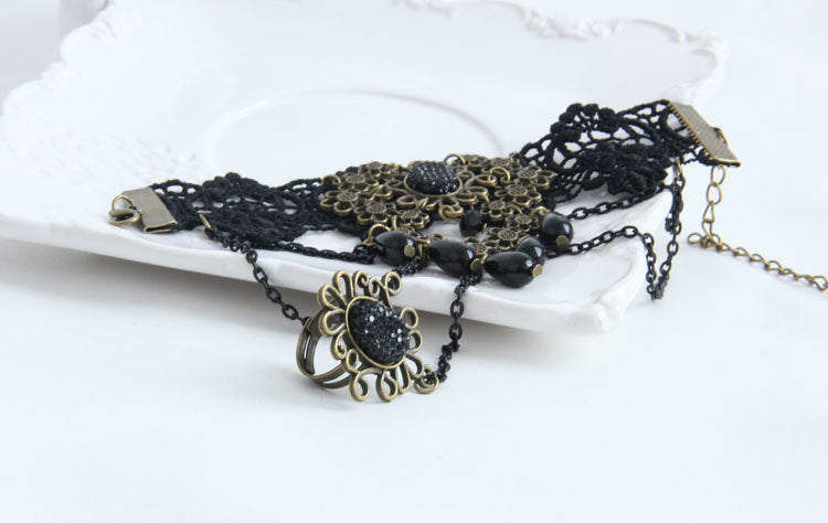 Gothic Black Lace Finger Ring Bracelet