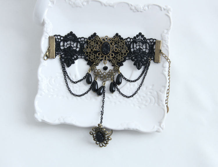 Gothic Black Lace Finger Ring Bracelet