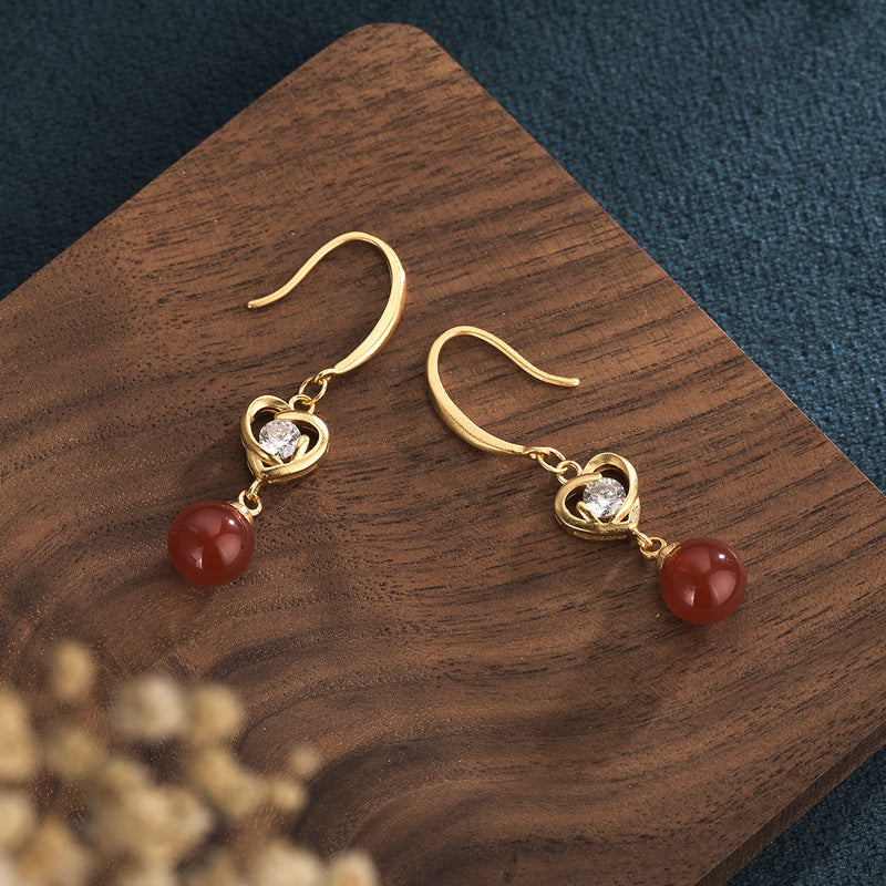 Heart Shape Zirconia Carnelian/Chrysoprase/Chalcedony Earrings