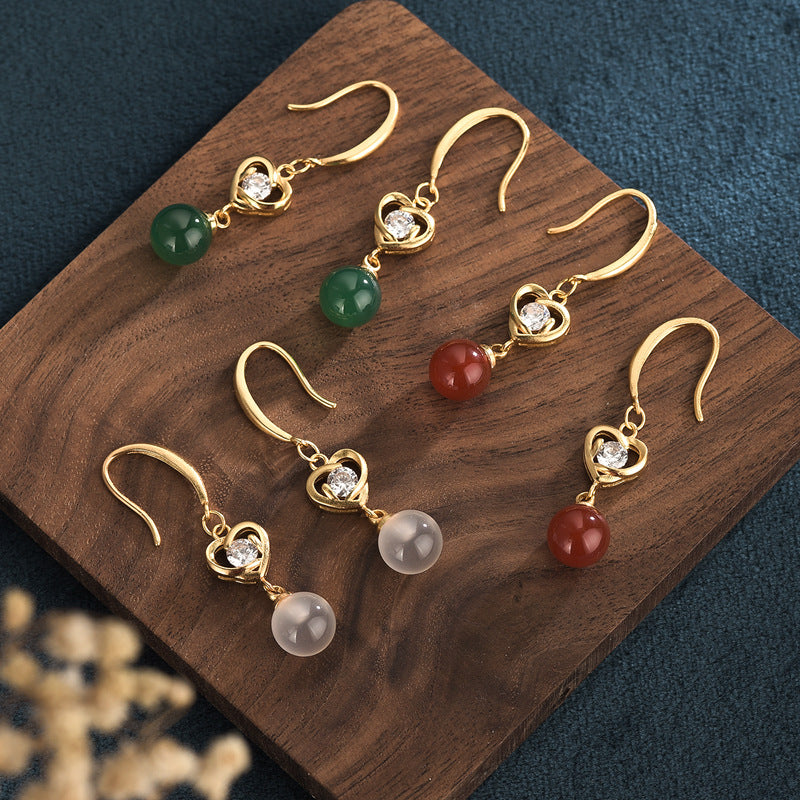 Heart Shape Zirconia Carnelian/Chrysoprase/Chalcedony Earrings
