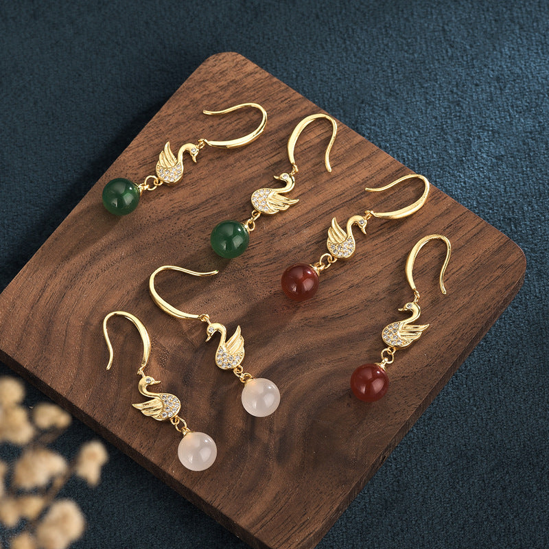 Zirconia Swan Carnelian/Chrysoprase/Chalcedony Earrings