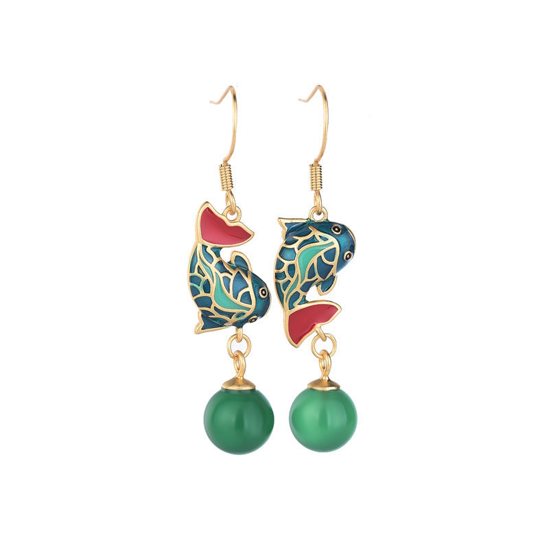 Mismatched Cloisonne Fish Chrysoprase Earrings