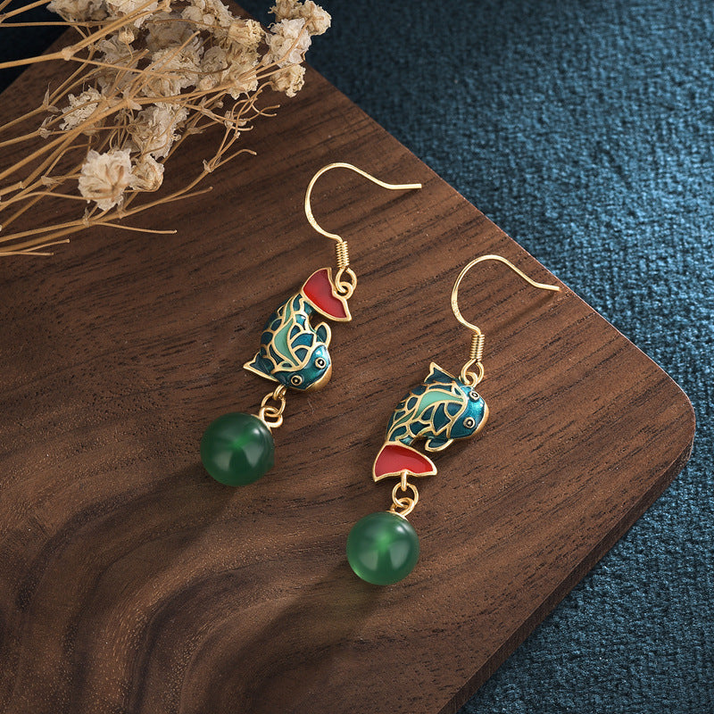 Mismatched Cloisonne Fish Chrysoprase Earrings