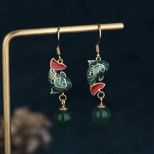 Mismatched Cloisonne Fish Chrysoprase Earrings