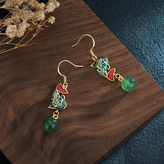 Mismatched Cloisonne Fish Chrysoprase Earrings