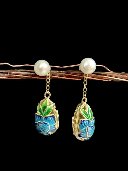 Hollow Out Cloisonne Enamel Pearl Earrings