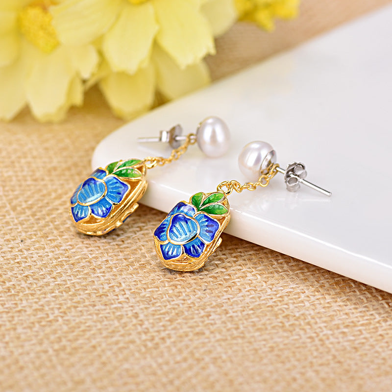 Hollow Out Cloisonne Enamel Pearl Earrings