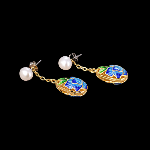 Hollow Out Cloisonne Enamel Pearl Earrings