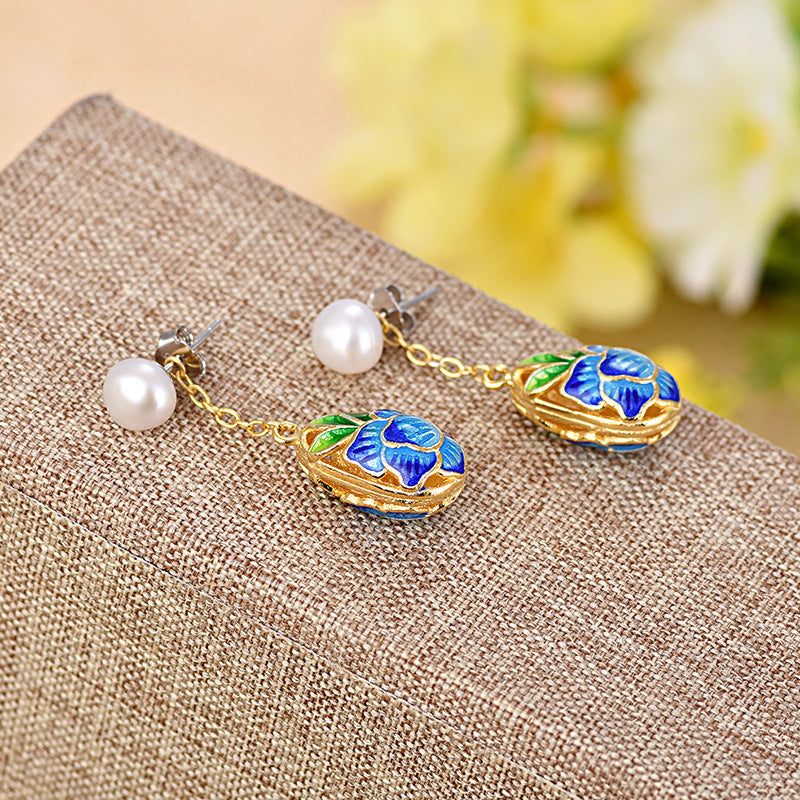 Hollow Out Cloisonne Enamel Pearl Earrings
